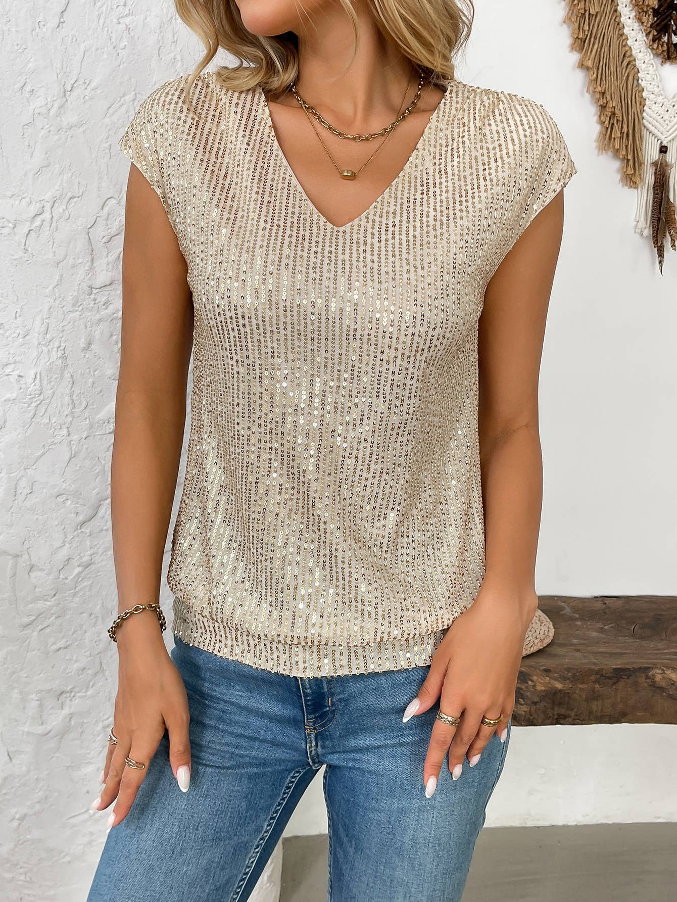V-neck sequin fashion loose short-sleeve tank top