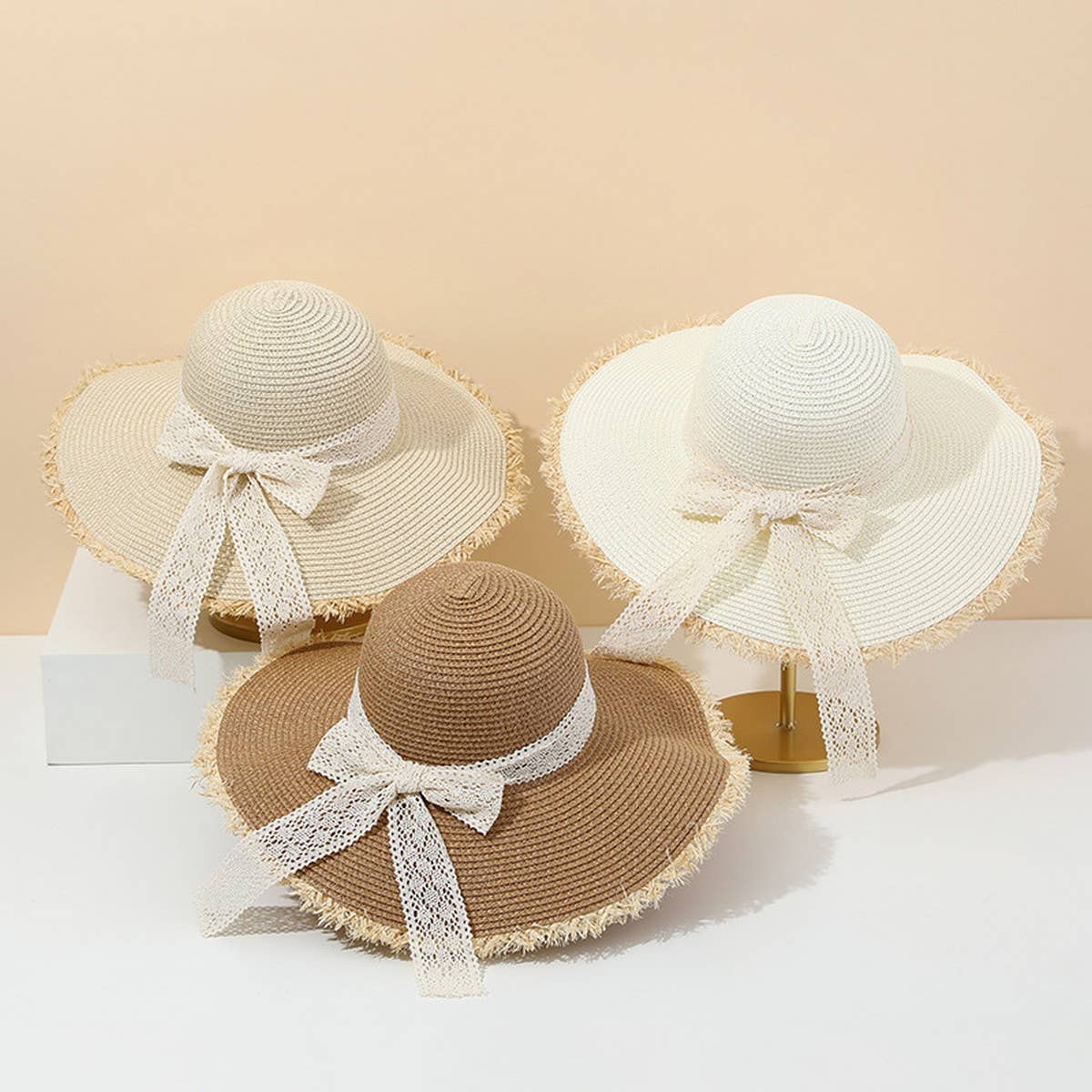 Summer Fashion Bow Ribbon Wide Brim Straw Hat_CWAH3473