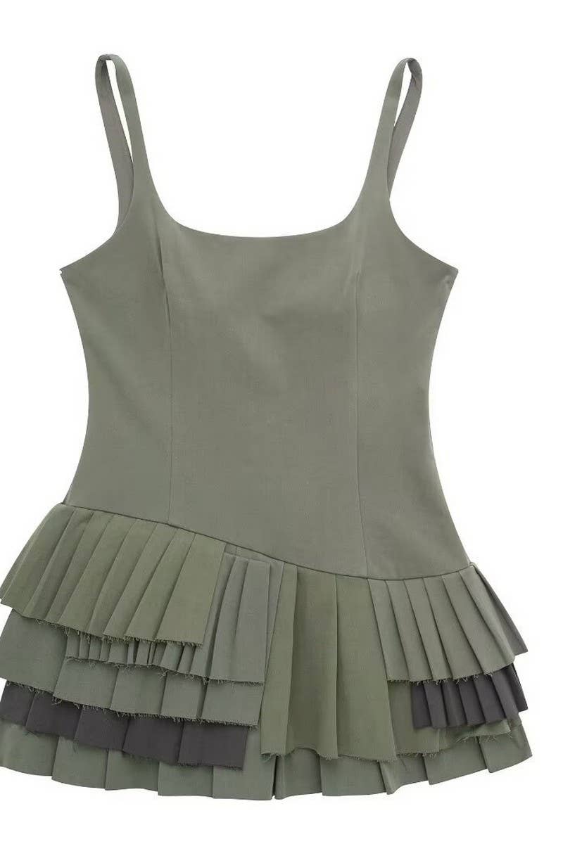 CWDSD6656_U-NECK SLEEVELESS WAIST RUFFLED SUSPENDER DRESS