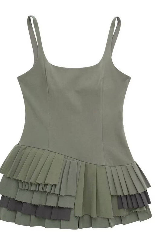 CWDSD6656_U-NECK SLEEVELESS WAIST RUFFLED SUSPENDER DRESS