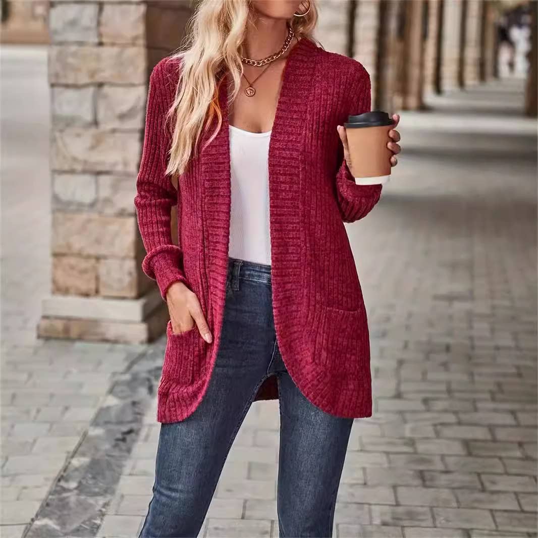 SOLID COLOR WOOLEN PATCHWORK LONG SLEEVE CARDIGAN