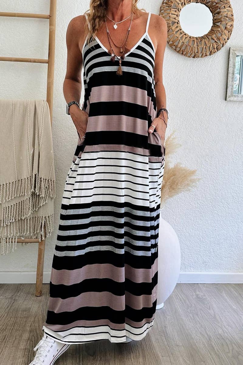CWDHL0589_V-NECK SLEEVELESS HALTER STRIPED DRESS LONG