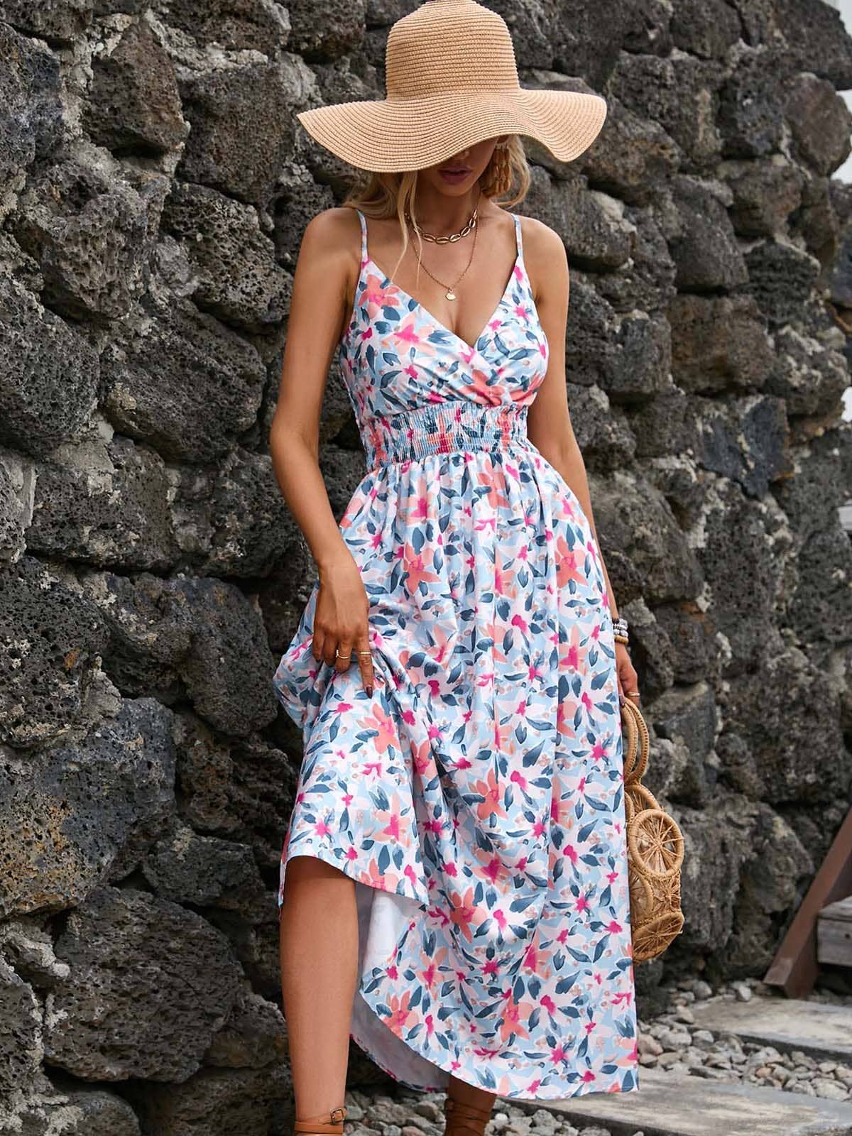 PRINTED HALTER V-NECK WAIST DRESS