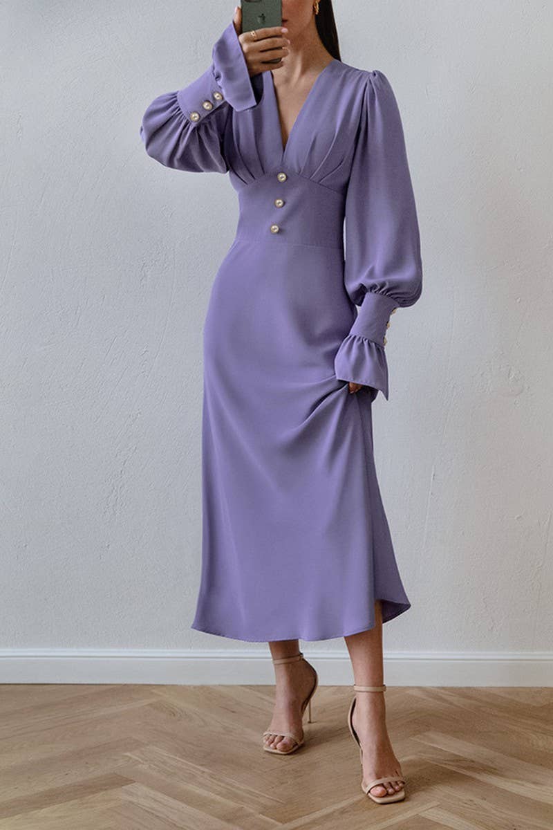 CWDMD4260_LANTERN SLEEVE V-NECK RETRO SLIM DRESS
