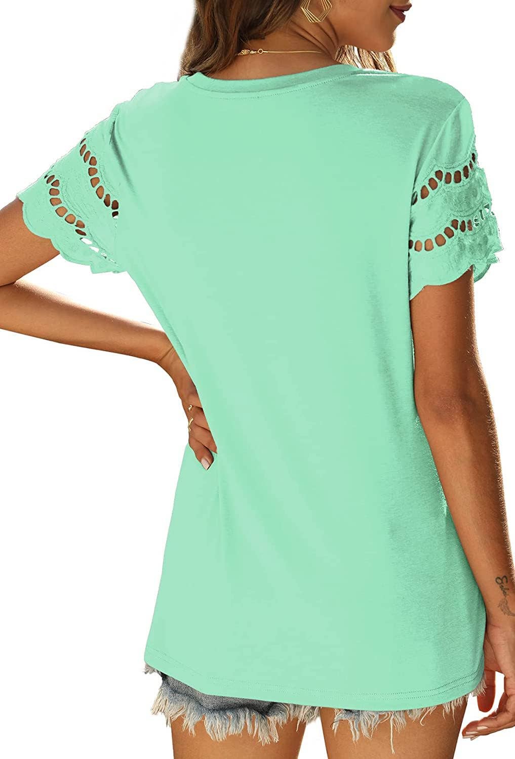 LACE PATCHWORK SHORT SLEEVE T-SHIRT CREW-NECK TOP