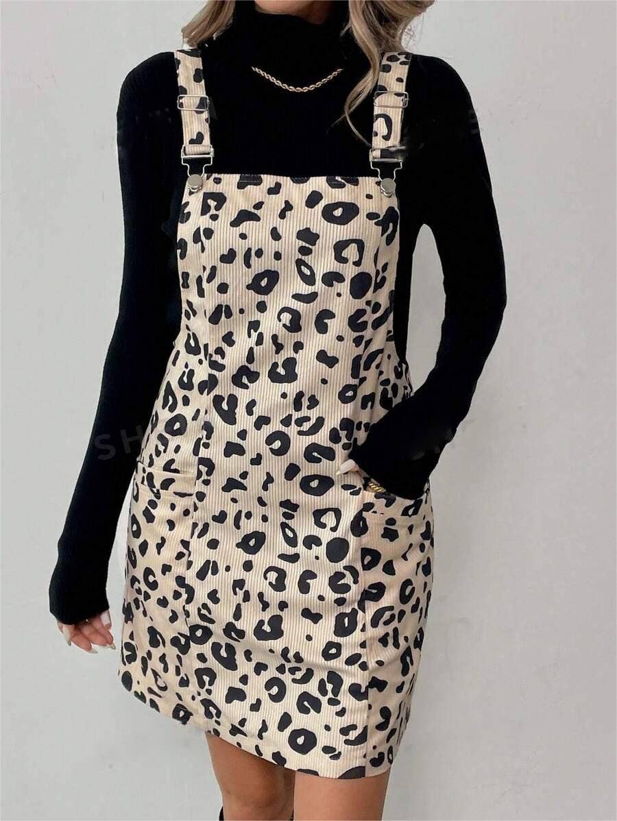 LEOPARD POCKET CASUAL ADJUSTABLE STRAP DRESS