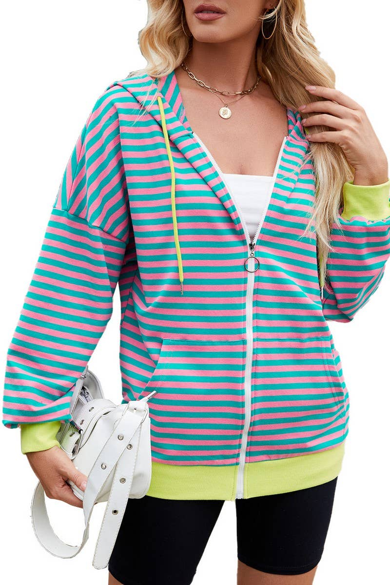 CWOCO0879_CASUAL CONTRAST STRIPE HOODED ZIP-UP SWEATSHIRT
