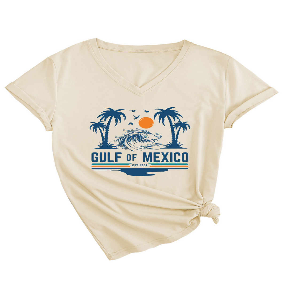 Slim V???Neck T???Shirt ??Gulf of Mexico Est Print_CWTTS1538