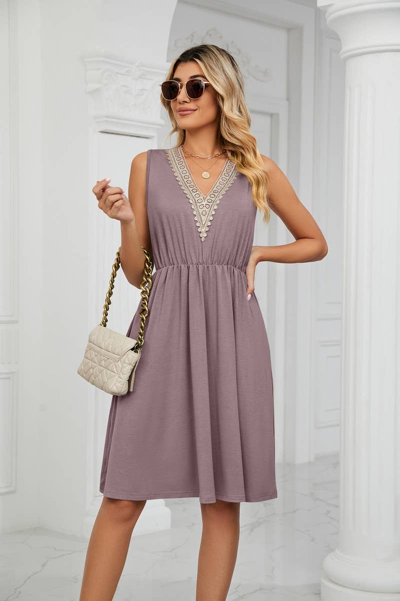 CWDSD3116_V-Neck Lace Trim Sleeveless Dress