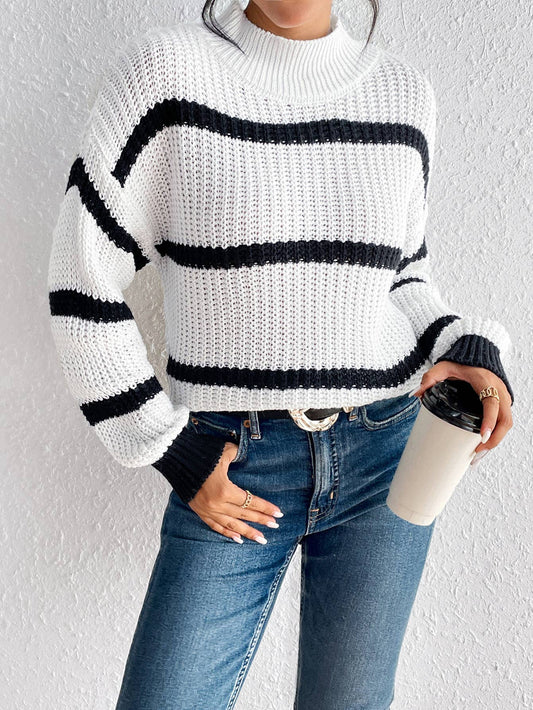 CWOSWL1164_Turtle Neck Long Sleeve Pullover Striped Sweater