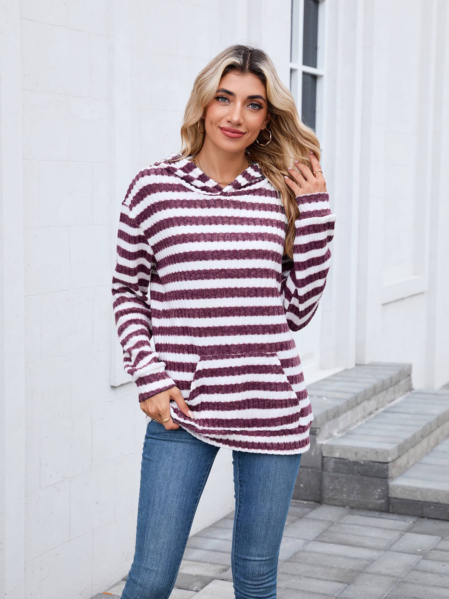 Striped hooded loose long-sleeved sweatshirt