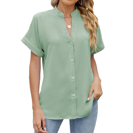 Solid color V-neck short sleeve button chiffon