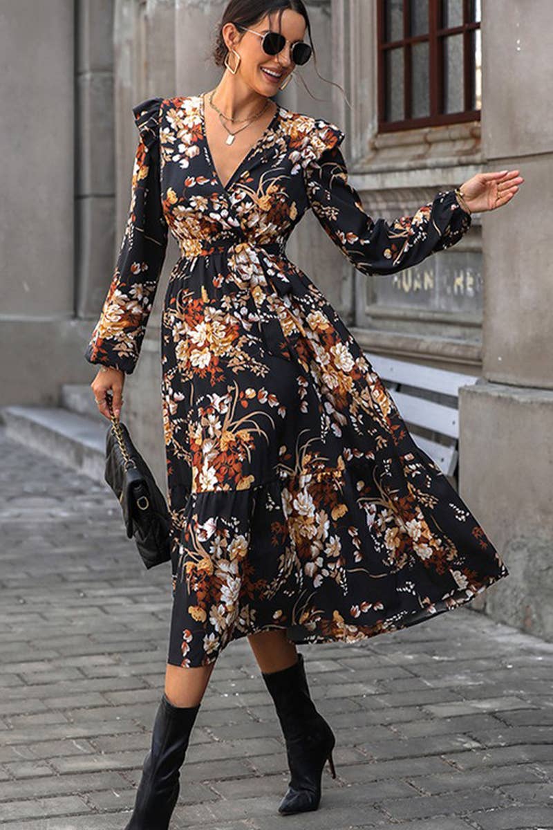 CWDMD4736_NEW LADIES V-NECK PRINTED MIDI DRESS