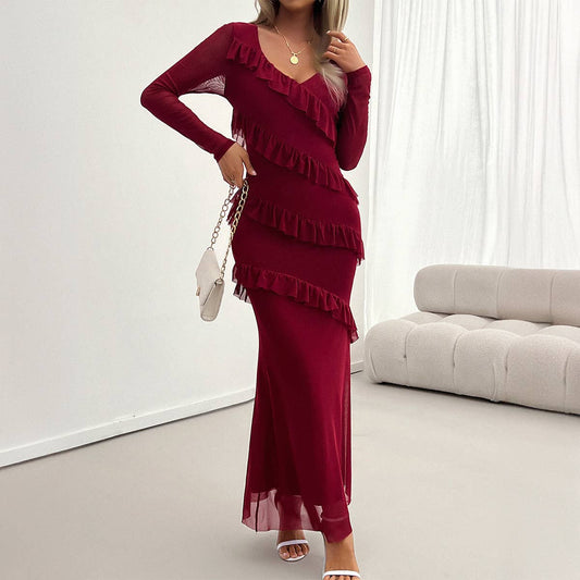 LONG SLEEVE TEMPERAMENT SLIM MESH V-NECK DRESS