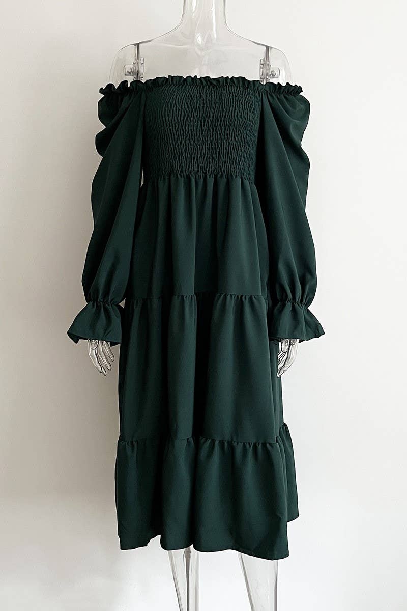 CWDMD4822_RUFFLED SQUARE NECK TRUMPET SLEEVE SWING DRESS