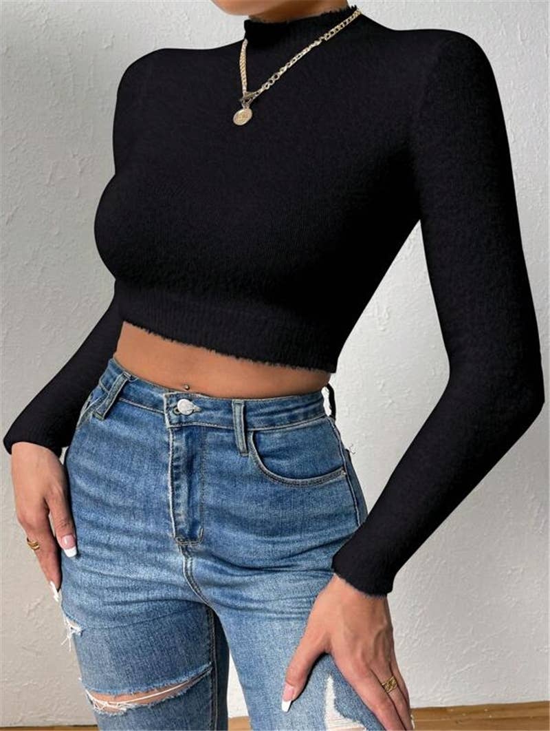 Semi-high-neck high-waisted short sweater