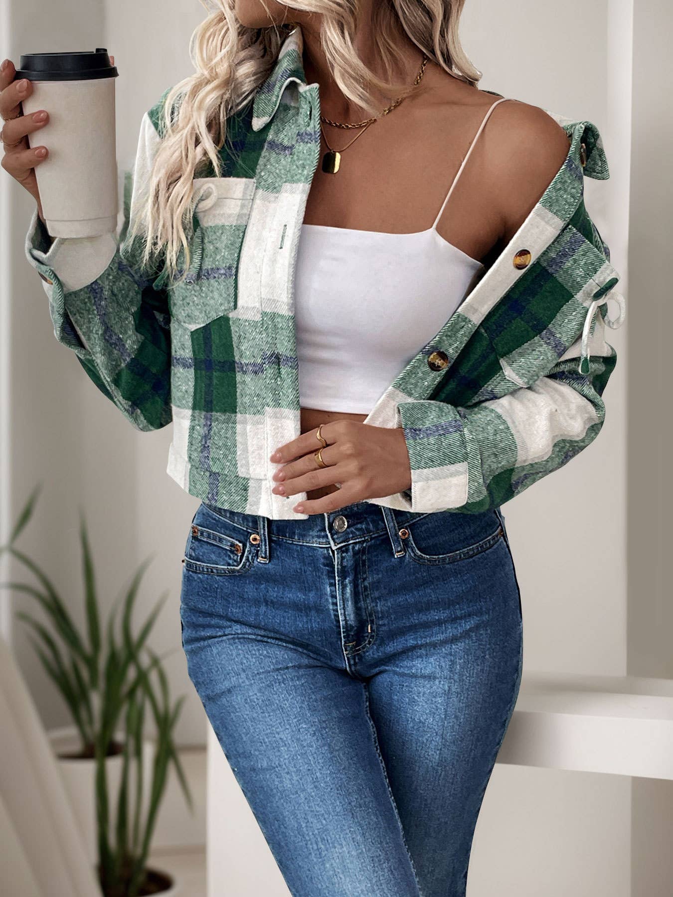 SHORT PLAID VINTAGE WOOL BOW SHIRT JACKET