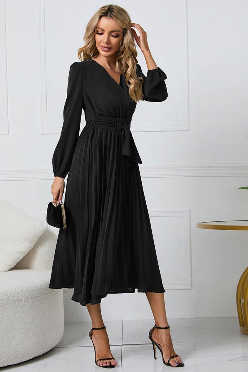 CWDMD1462_V-NECK LONG SLEEVED PLEATED DRESS