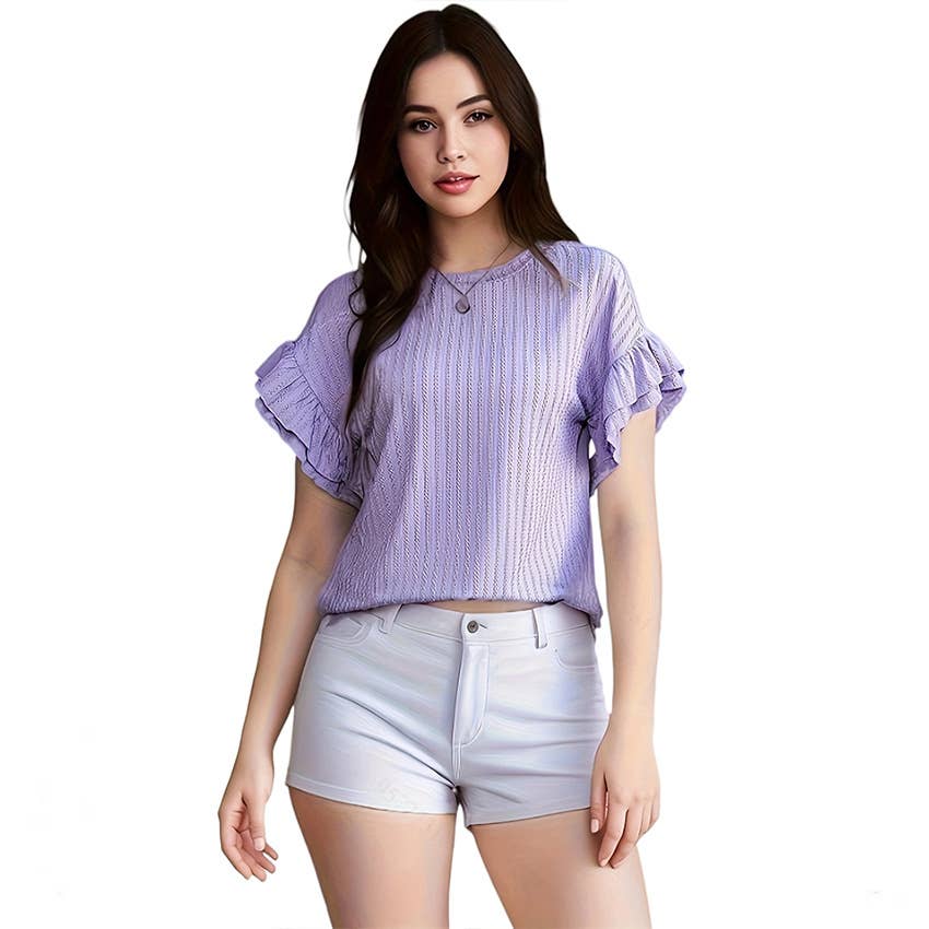 Round neck short sleeve T-shirt with lotus sleeves