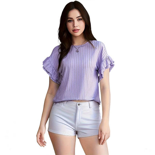 Round neck short sleeve T-shirt with lotus sleeves