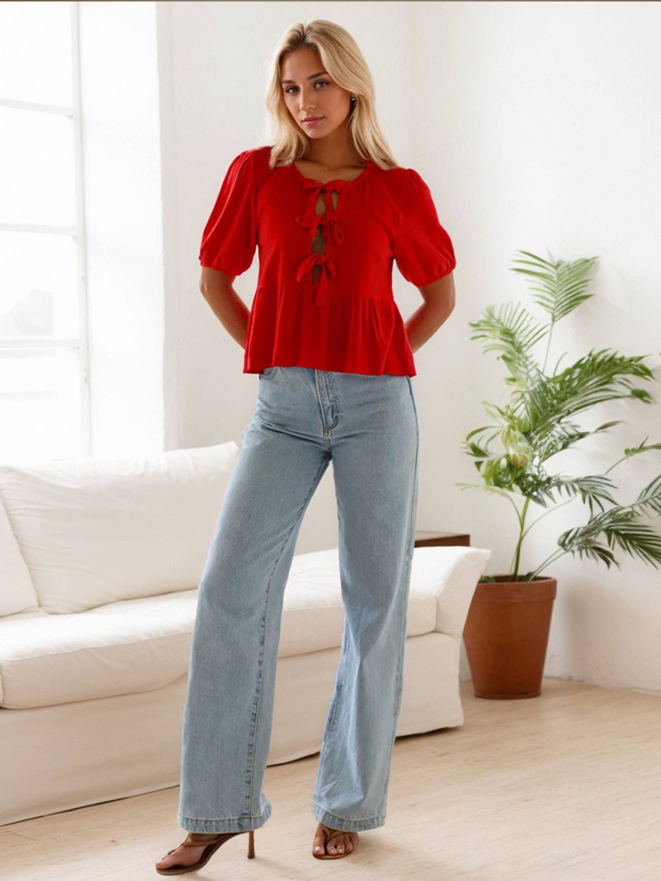 Women¡¯s Casual Loose Tie-Up Ruffle Sleeve Top