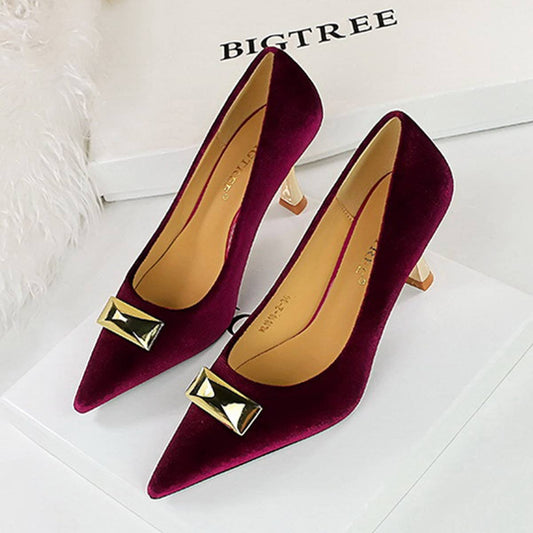 RETRO METAL BUCKLE SHALLOW POINTED TOE HIGH HEELS_CWSHH0097