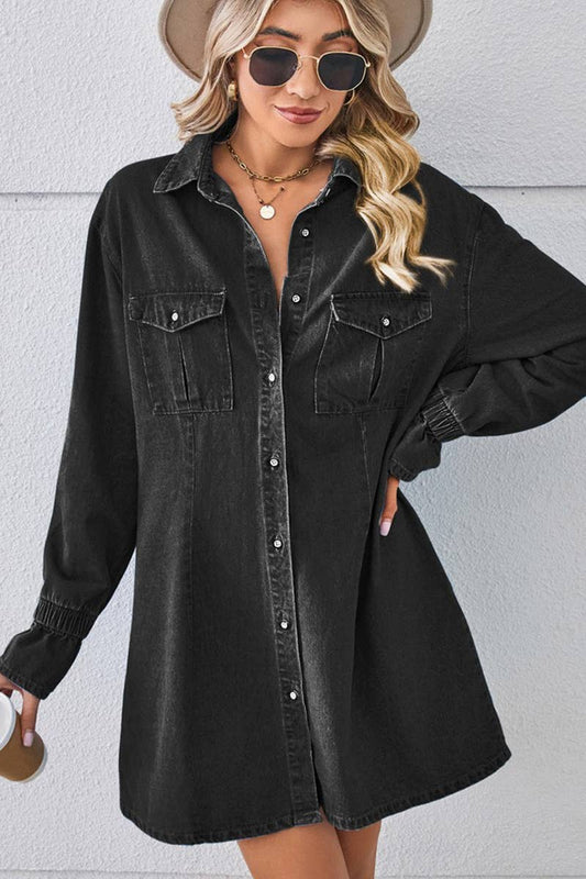 BELL SLEEVE LOOSE CARDIGAN DENIM SHIRT DRESS_CWDSD2576