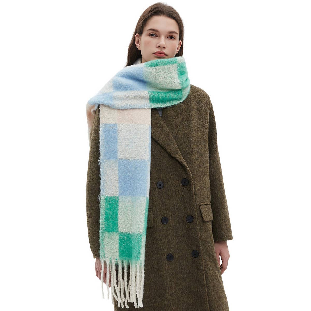 Tassel Circle Yarn Checkered Scarf for Fall/Winter