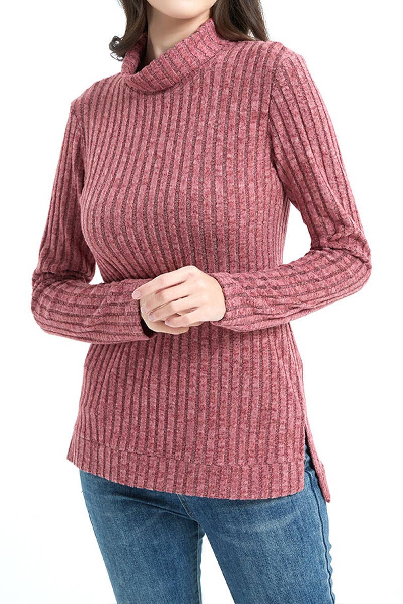 Stylish pit striped turtleneck solid color knitwear