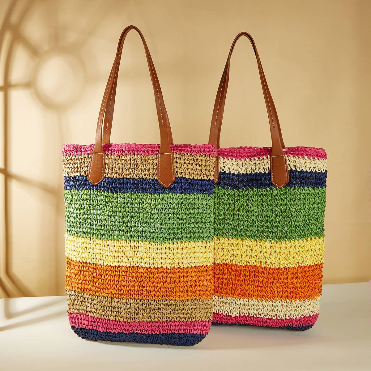 FASHIONABLE STRIPED COLOR BLOCK BEACH CROCHET BAG_CWAB1968