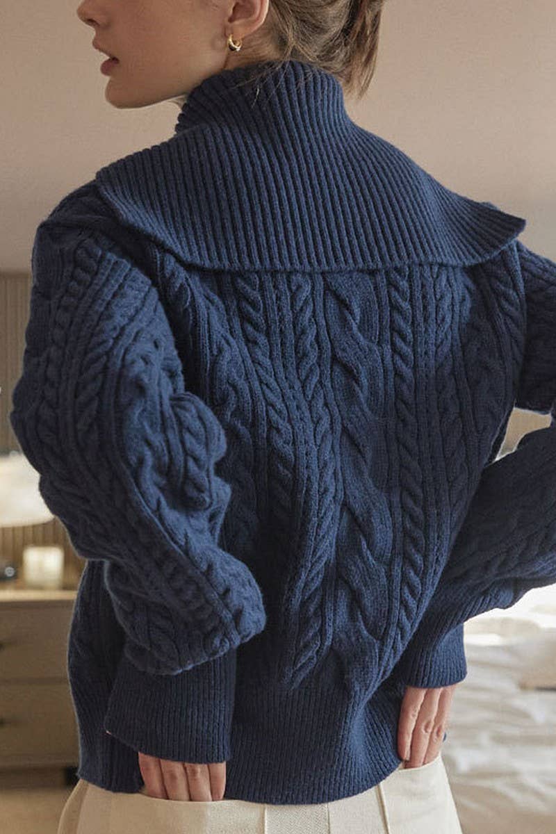 CWOCAL1812_NAVY COLLAR LONG SLEEVE TWIST BUTTON CARDIGAN