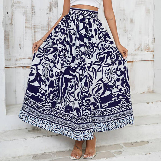 High-waisted blue white porcelain printed skirt