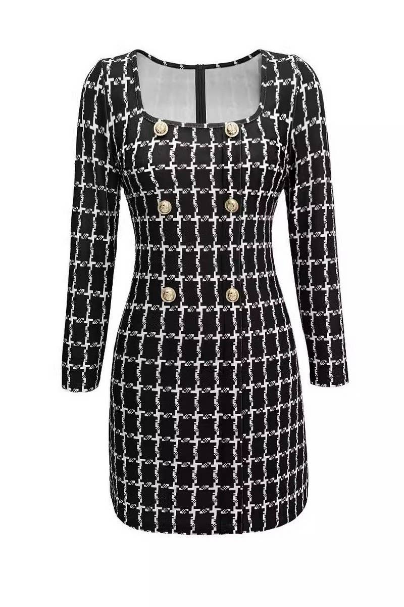 CWDSD7592_ELEGANT COMMUTER SQUARE NECK PLAID DRESS