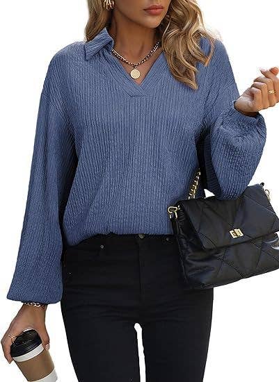 SOLID COLOR LAPEL LOOSE LONG-SLEEVED POLO SHIRT