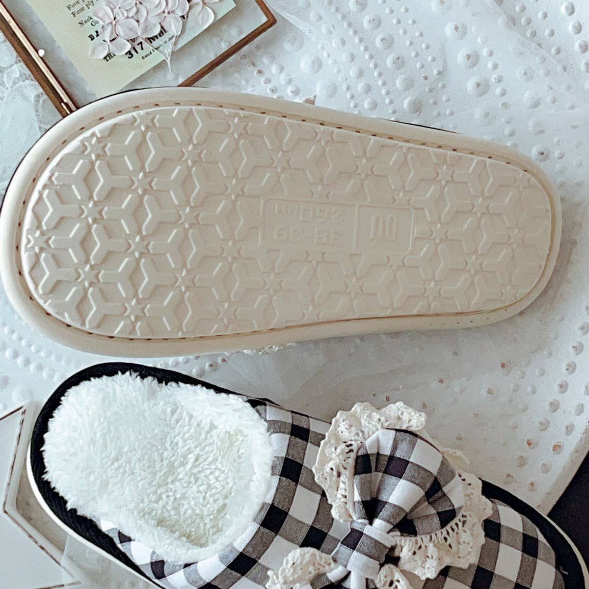 WOMEN'S CHECKERED BOW NON-SLIP COTTON SLIPPERS