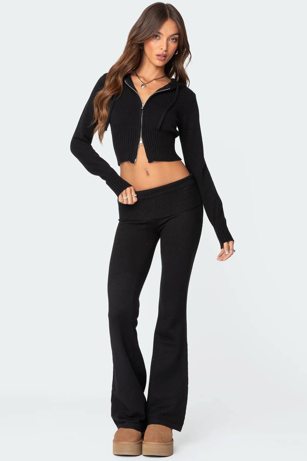 Two-piece sport zippered hooded top trousers set