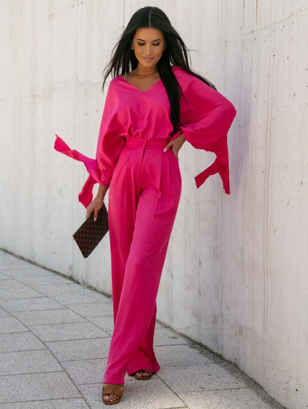 Solid-color fashionable V-neck tie pants set