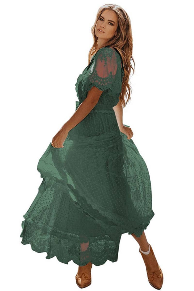 CWDMD3190_LACE SPLICING V-NECK WAIST WAIST DRESS LONG