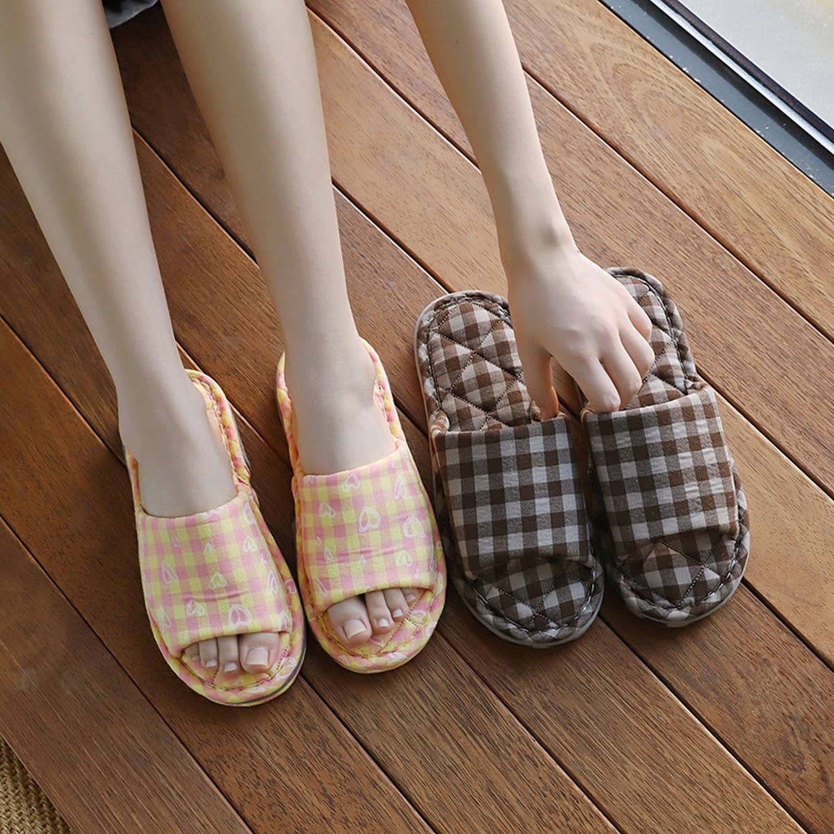 Plaid Cotton Slippers for Couples, Non-Slip_CWSHF0175