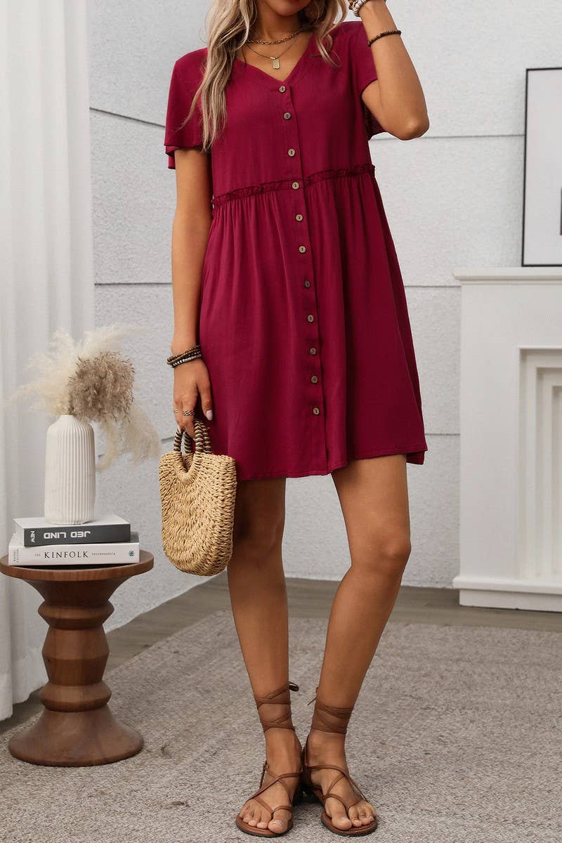 CWDSD7262_BOHEMIAN V-NECK SHORT-SLEEVED RUFFLE DRESS