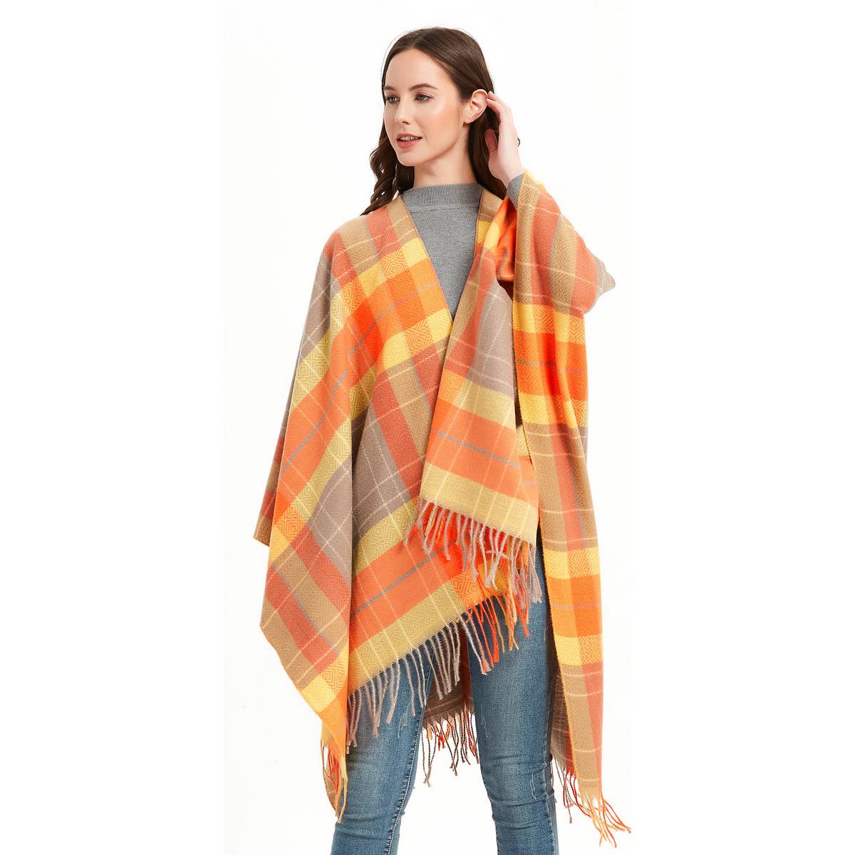 CAPE DOUBLE-SIDED PLAID SLIT SHAWL_CWASC1209