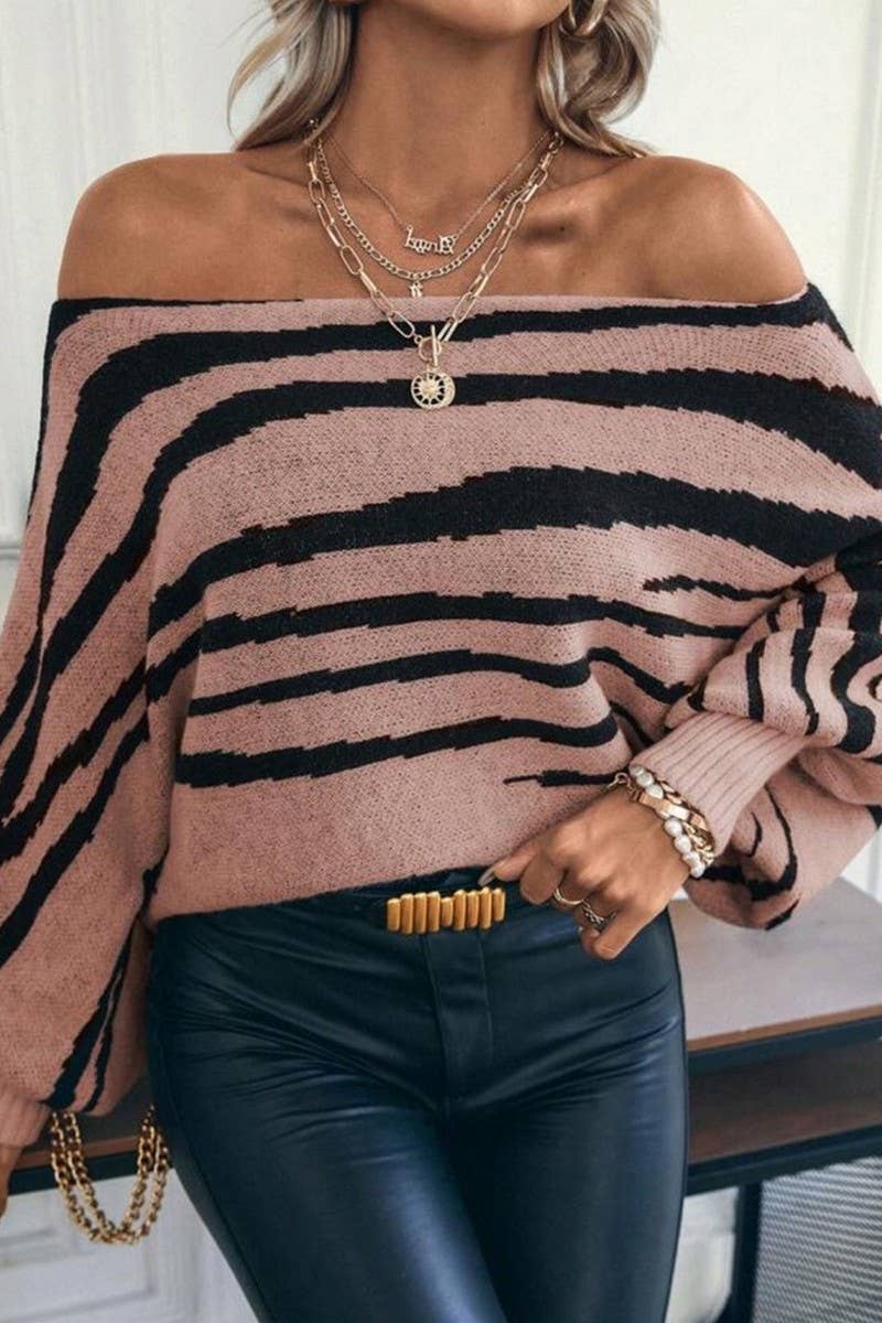 CWOSWL07306_LOOSE ZEBRA COLORBLOCK OFF-SHOULDER BATWING TOP