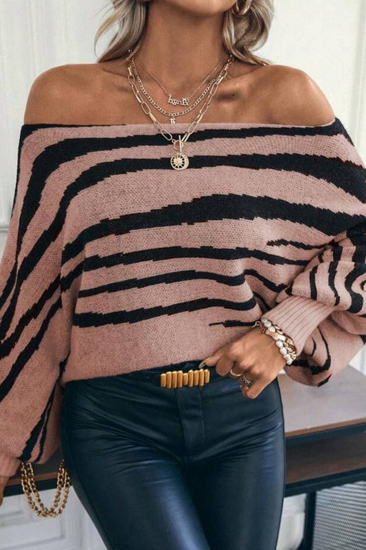 CWOSWL07306_LOOSE ZEBRA COLORBLOCK OFF-SHOULDER BATWING TOP