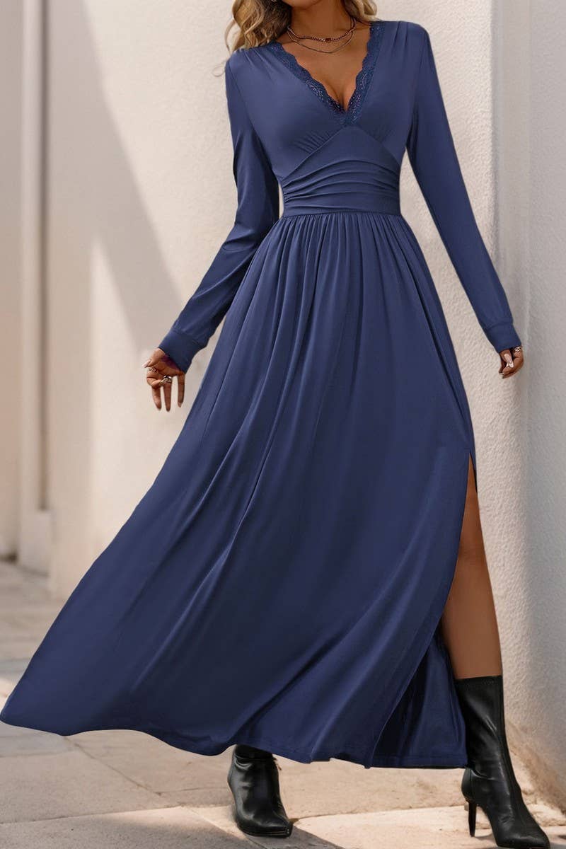 CWDMD3564_V-NECK SOLID COLOR SLIT SLIM MAXI DRESS