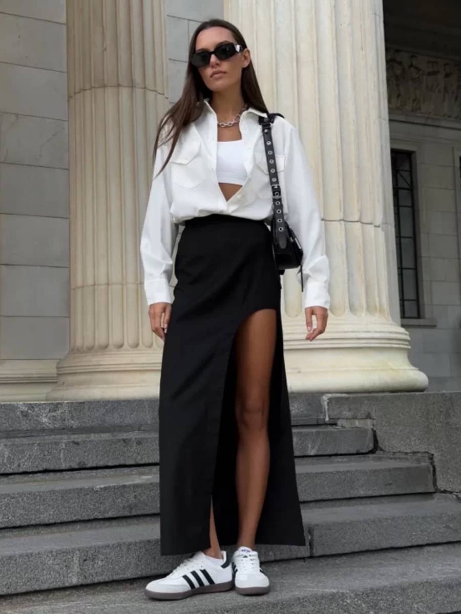 Irregular high-slit solid color long skirt