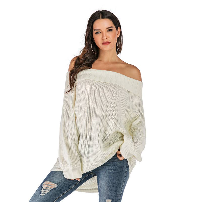 BAT-SLEEVED LINE-NECK SOLID COLOR BASE SWEATER