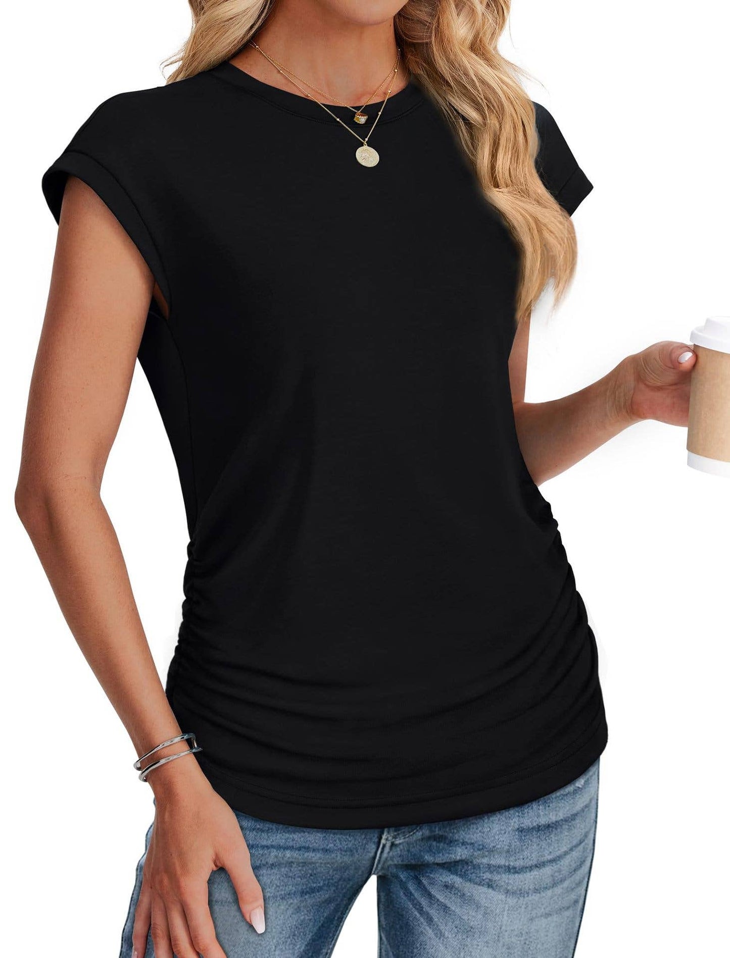Solid color round neck waist waist basic T-shirt