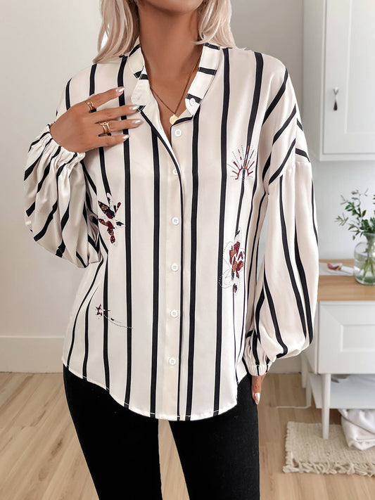 STAND COLLAR STRIPED SINGLE BREASTED SHIRT