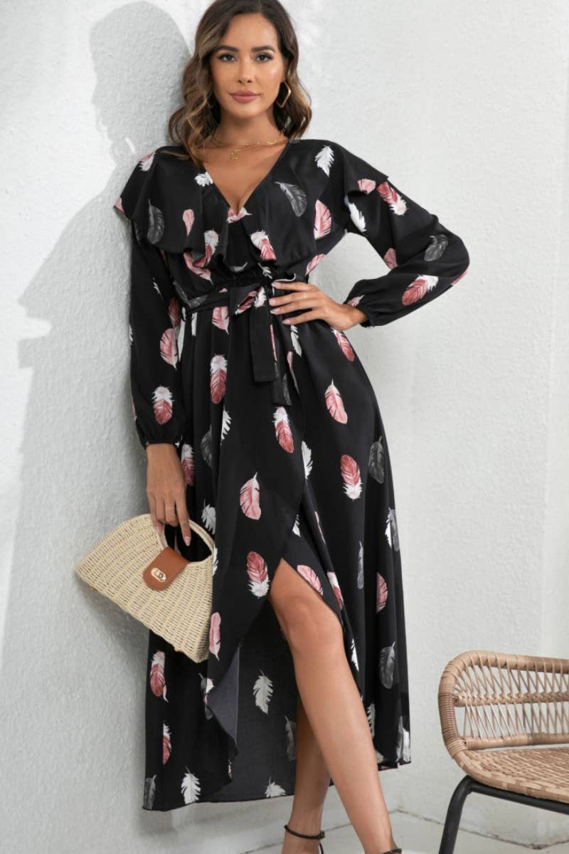 CWDMD3955_V-NECK FEATHER LONG-SLEEVED SLIT DRESS