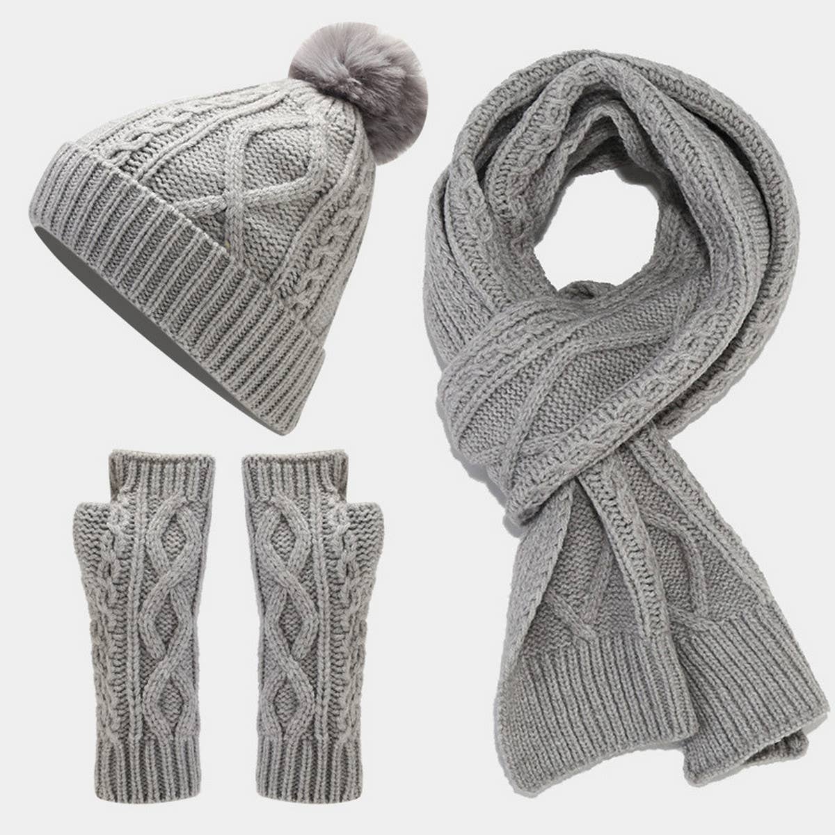 CABLE KNIT HAT, SCARF AND GLOVES THREE-PIECE SET_CWAH1580